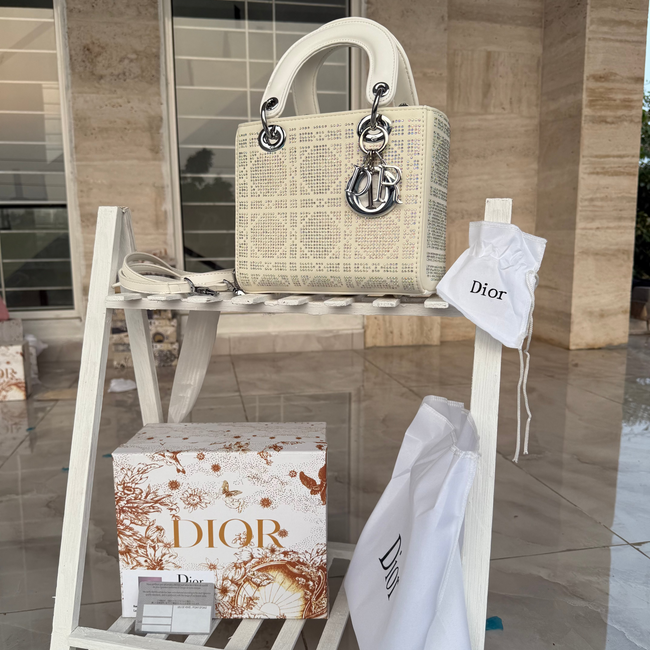 Christian dior Lady Dior Bag(WHITE cannage silk with crystal bead embroidery) Hover Image