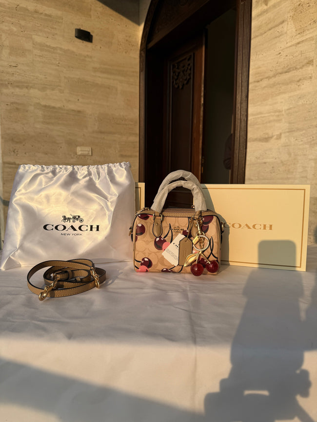 COACH CHERRY PATTERN BAG IN BROWN WITH CHERRY CHARM Hover Image