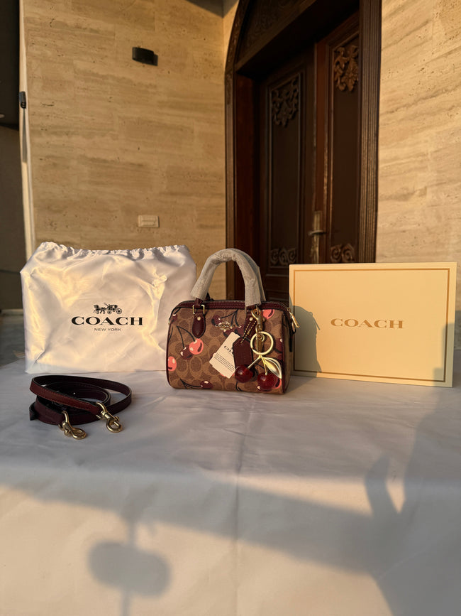 COACH DARK BROWN CHERRY PATTERN BAG WITH CHERRY CHARM Hover Image