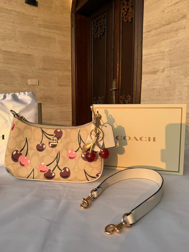 COACH BEIGE CHERRY PATTERN BAG WITH CHERRY CHARM AND 2 STRIPS Main Image